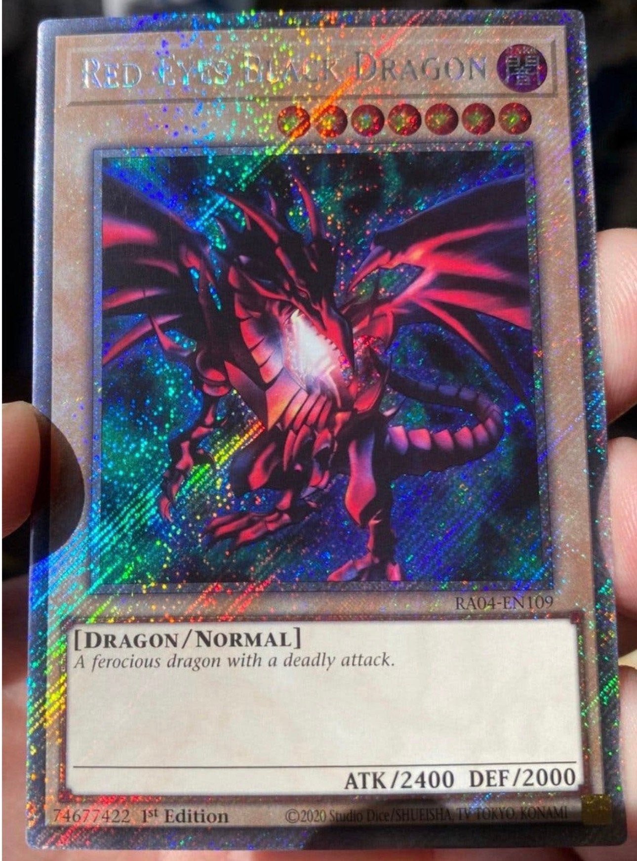 Yu-Gi-Oh! Red-Eyes Black Dragon RA04 1st Edition !, Ophalen of Verzenden, Zo goed als nieuw, Losse kaart, Foil