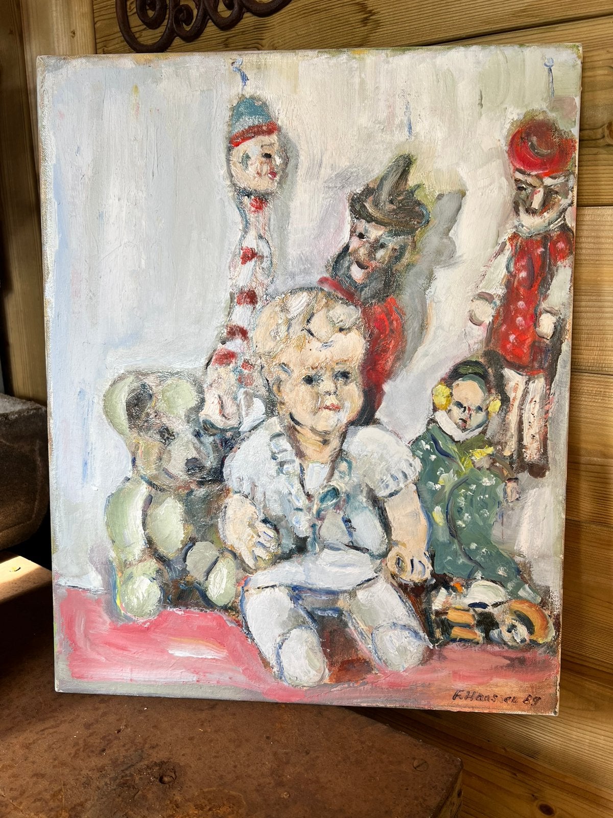 Olieverfschilderij  pop beer marionet jan klaasen speelgoed, Ophalen, Figuren, Olieverf, Overige materialen
