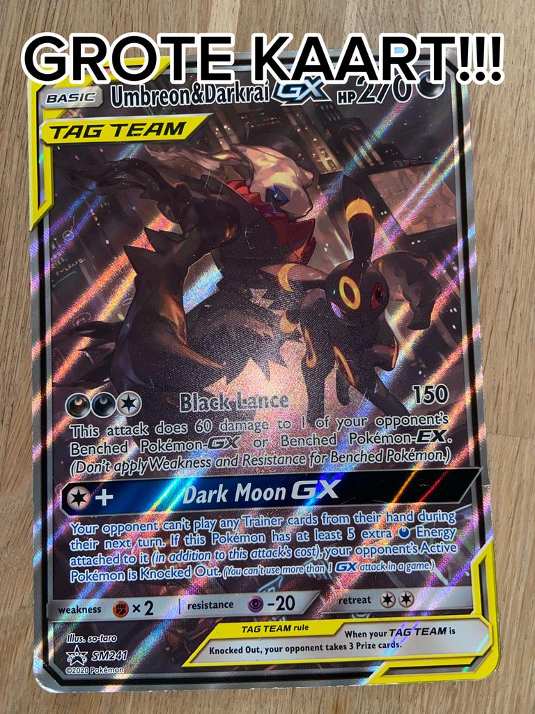 GROTE KAART Umbreon & Darkrai GX TAG TEAM SM241 Promo, Ophalen of Verzenden, Gebruikt, Losse kaart, Foil