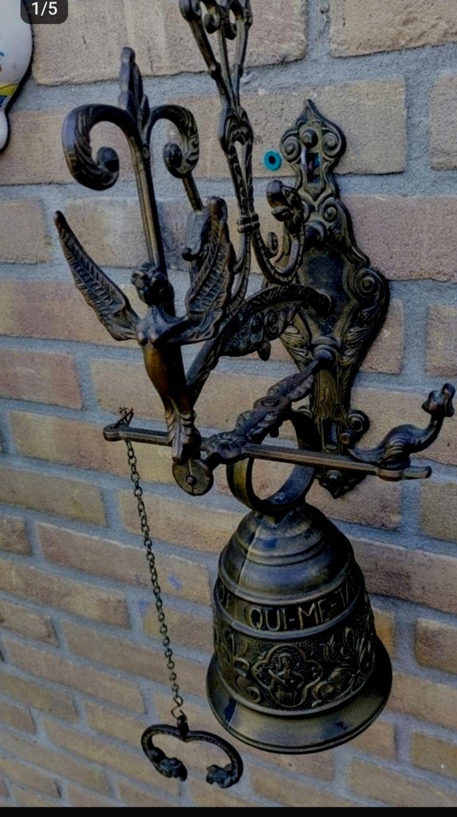 Antieke bronzen deurbel met engel en fleur-de-lis, Ophalen of Verzenden