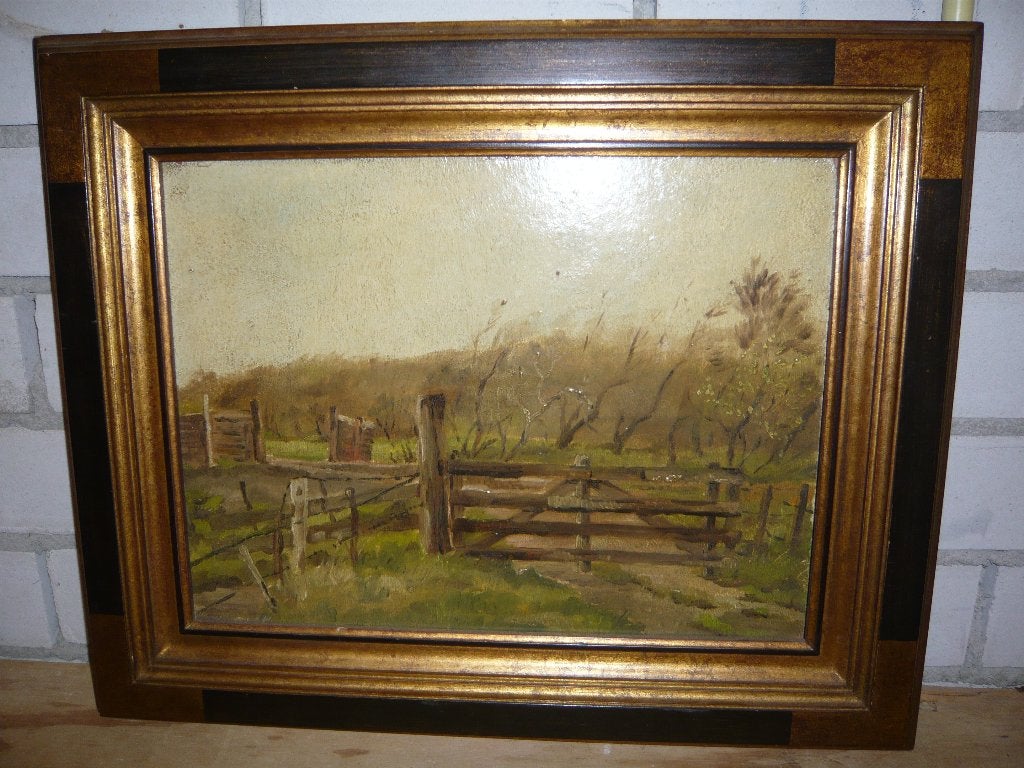 Antiek landschap schilderij van 1942 van Ton Pape 53x43cm, Oud hollands, Ophalen of Verzenden, Origineel werk, Landschap