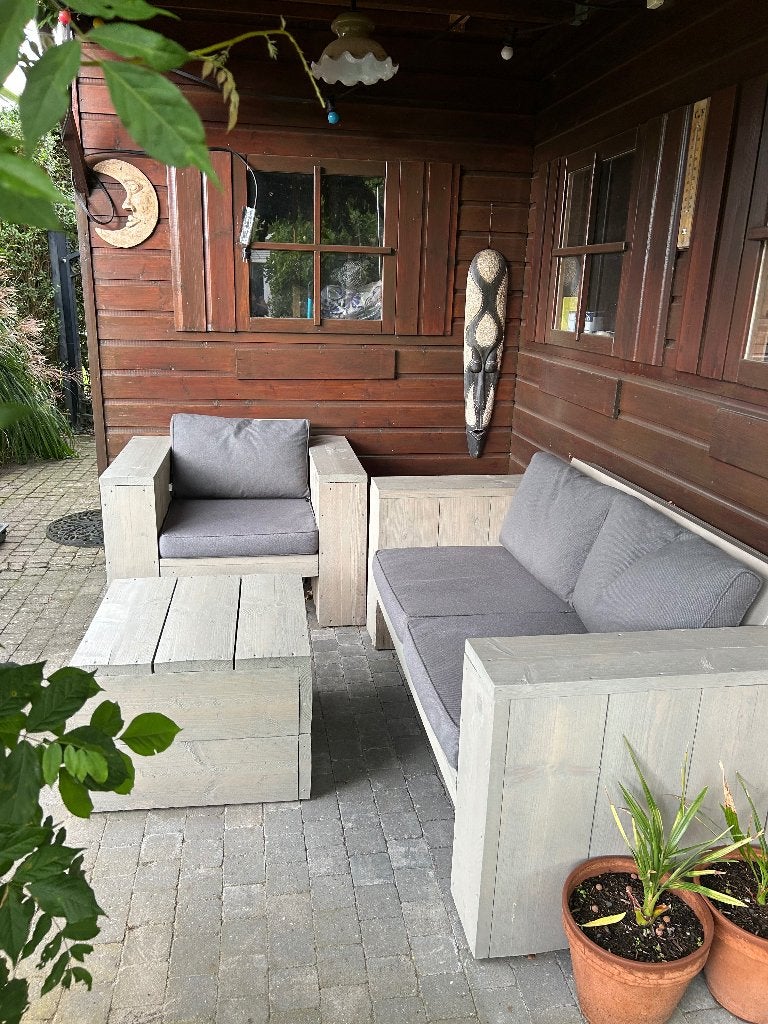 Loungeset van steigerhout, Tuin en Terras, Tuinsets en Loungesets, Ophalen, Gebruikt, 3 zitplaatsen, Steigerhout