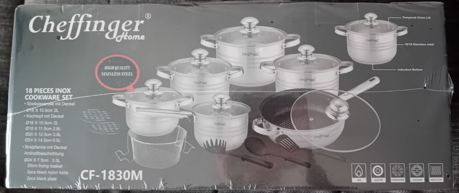 Cheffinger Home 18-delige Inox Pannenset - Nieuw, Cheffinger Home, Antiaanbaklaag, Onbekend, Nieuw