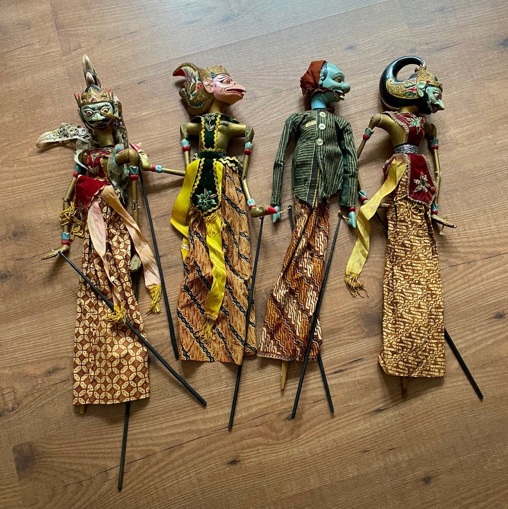 Set van 4 vintage Wayang Golek poppen – Java, Indonesië, Hout, 50 cm, Ophalen of Verzenden, Handgemaakt