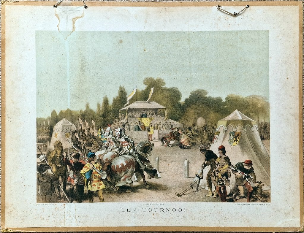 Een tournooi / Ch. Rochussen, Antiek en Kunst, Antiek | Schoolplaten, Ophalen, Geschiedenis