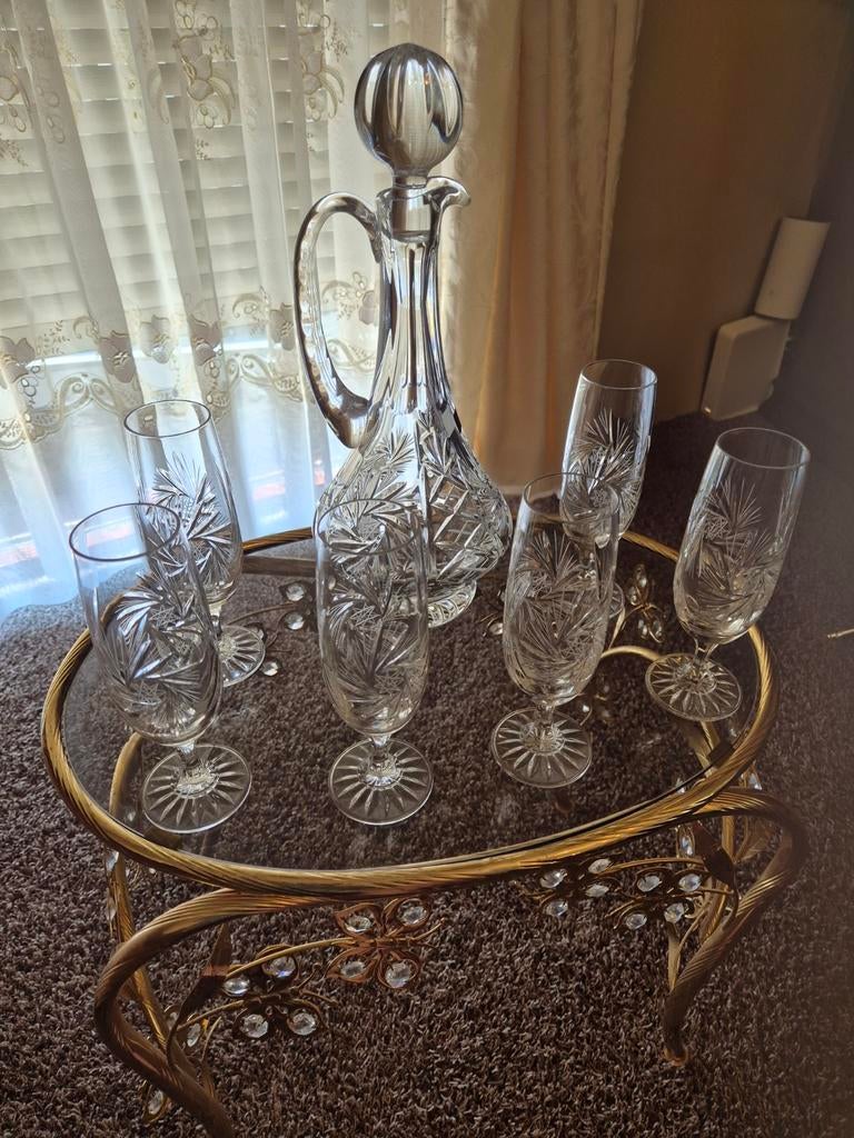 Kristallen karaf met 6 champagneglazen - Nieuwstaat, Antiek en Kunst, Ophalen of Verzenden