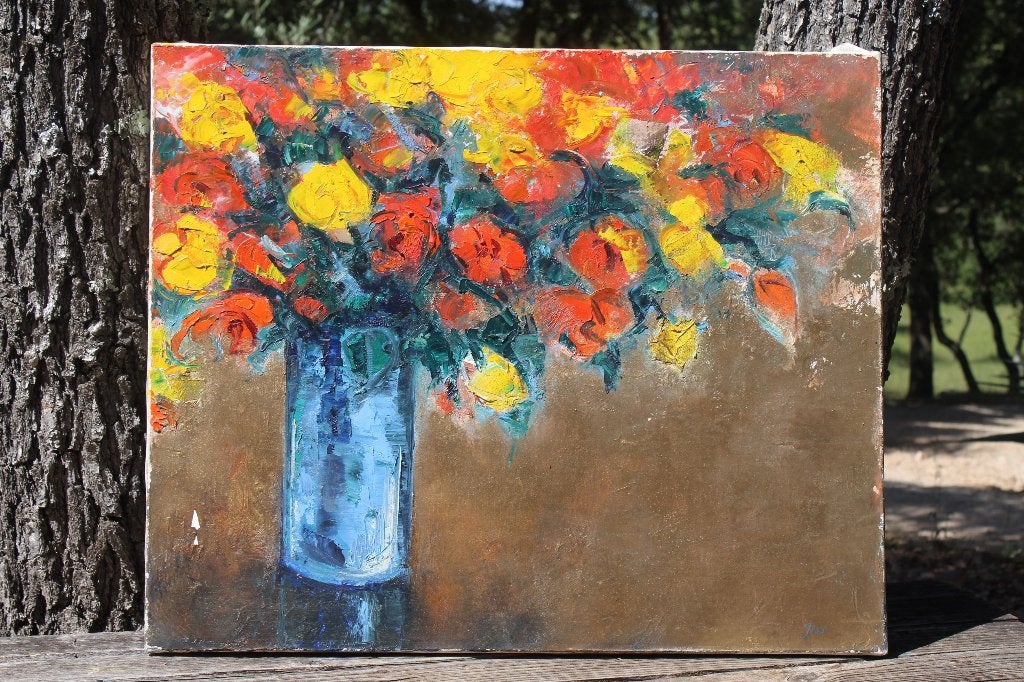 Brocante - Zomers schilderij met bloemen!, Ophalen, Gebruikt, Schilderij, Oorspronkelijke maker