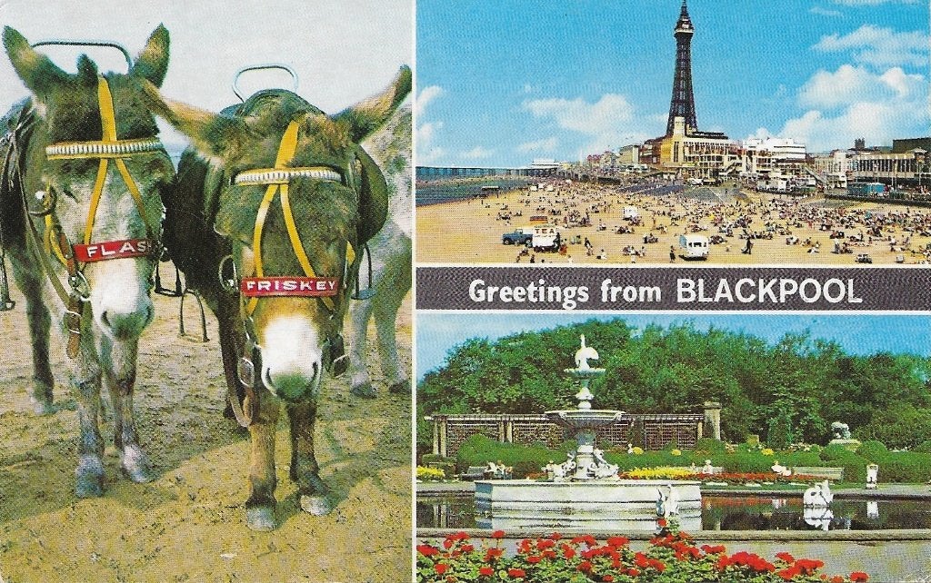 Ansichtkaart  	Blackpool (Eng)	3-luik	Ezels	Strand / ..., Verzenden, 1980 tot heden, Gelopen, Engeland