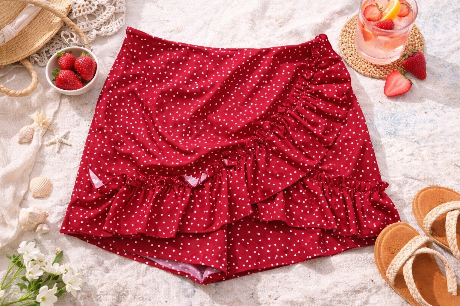 Rode korte rok shorts met ruches en stippen maat m, Maat 38/40 (M), Overige kleuren, Onbekend, Ophalen of Verzenden