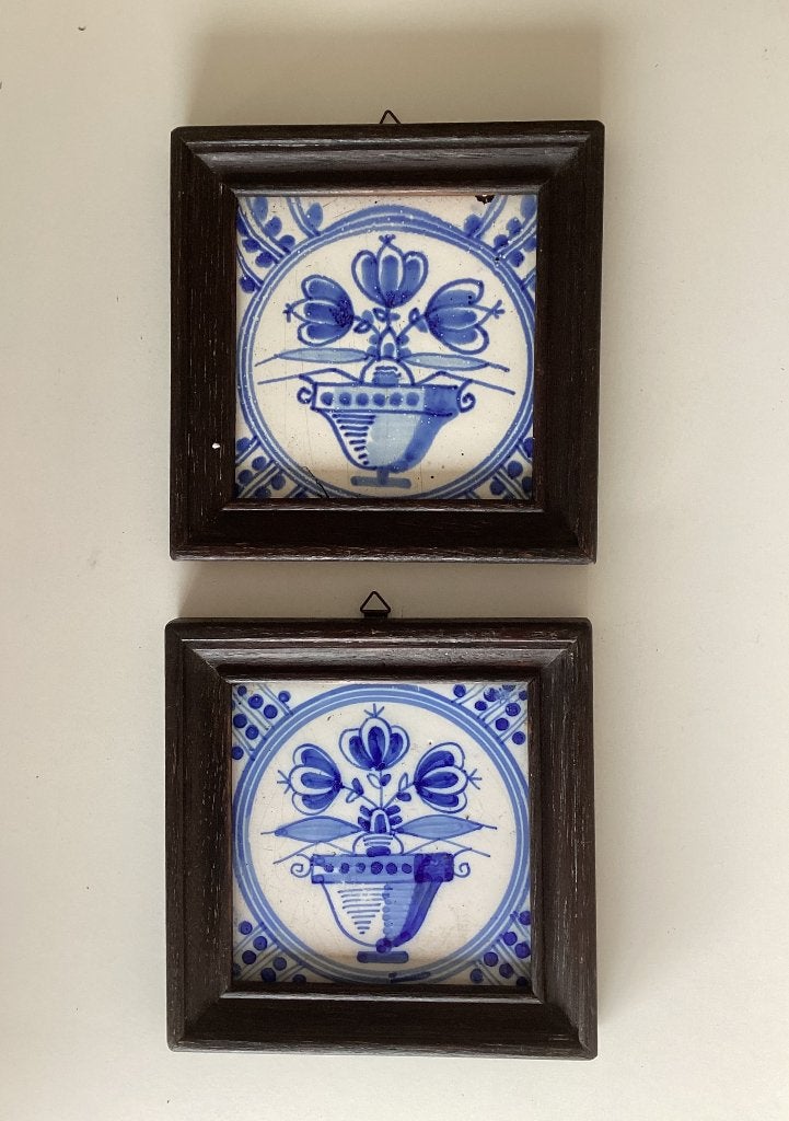 Set antieke blauw medaillontegels met tulpen in pot in lijst, Ophalen of Verzenden