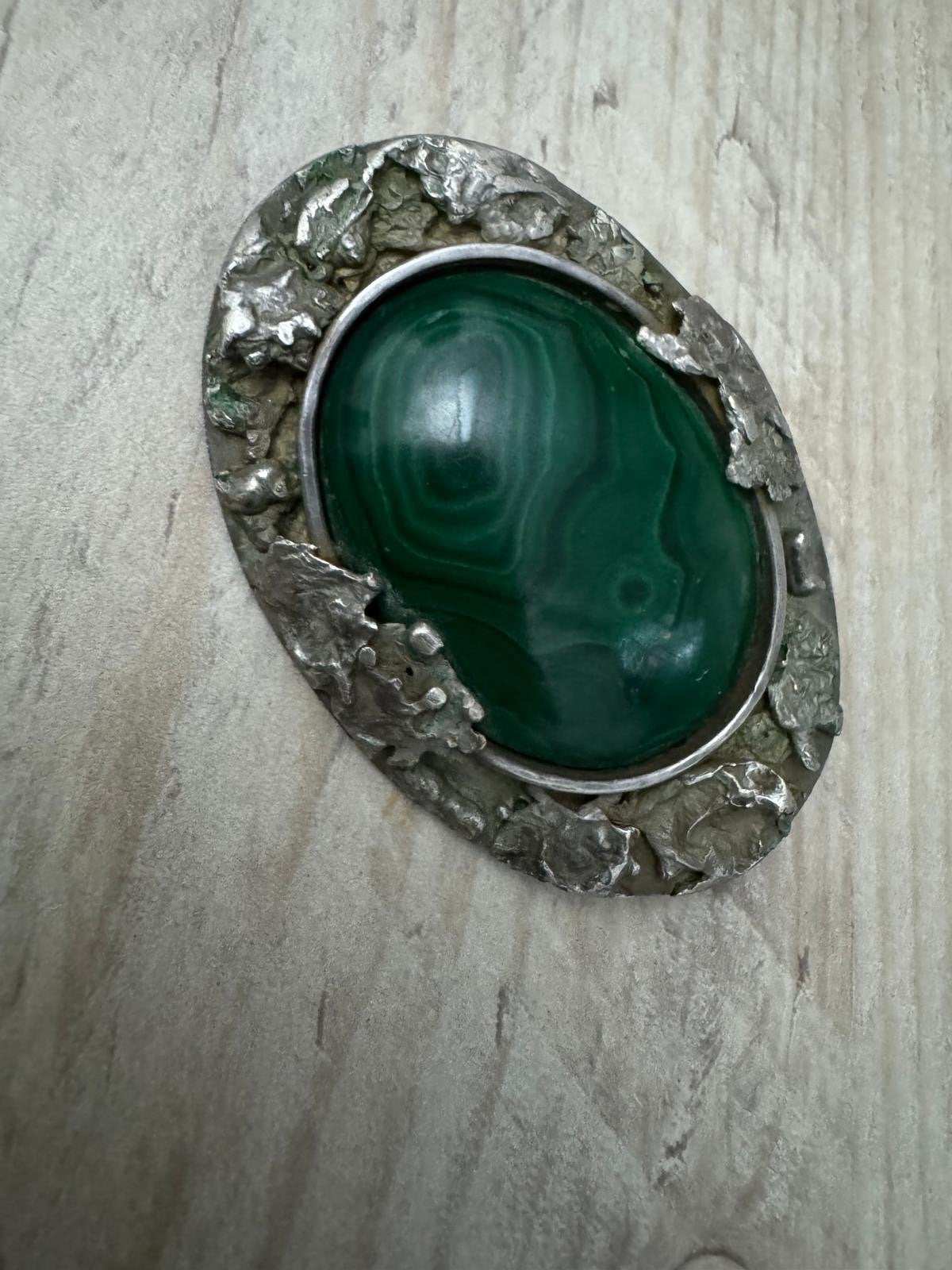 Vintage Zilveren Broche met Malachiet Steen, 4 tot 7 cm, Gebruikt, Ophalen of Verzenden, Met edelsteen