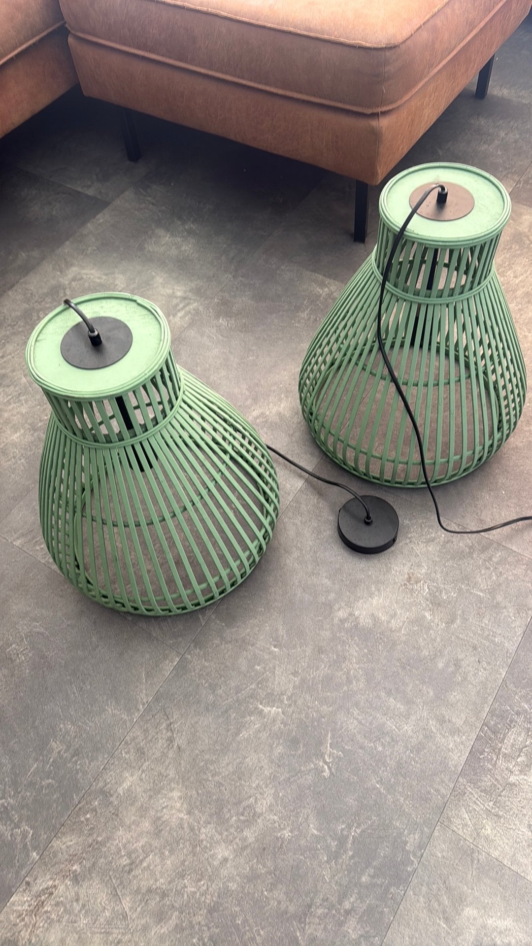 Twee hanglampen Ibiza stijl, Ophalen, Zo goed als nieuw, Groen, Rond