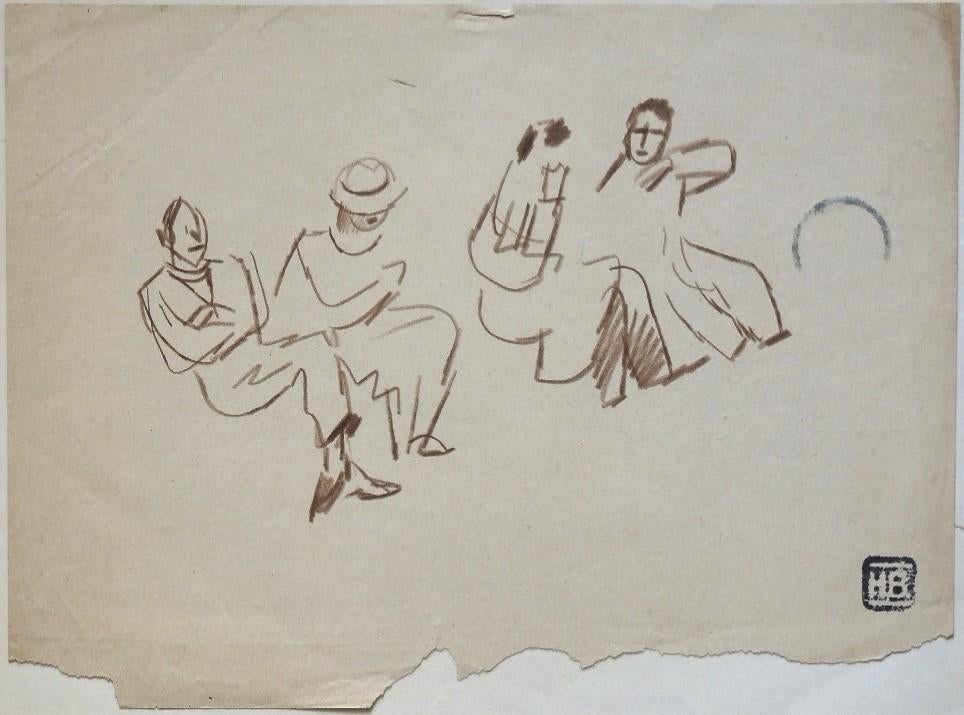 Herman Bieling bruine viltstifttekening "De Bankzitters", Ophalen