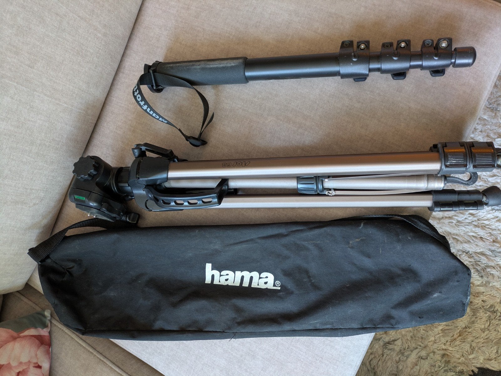 Hama Star 63 driepoot statief met Manfrotto 680B eenpoot, Gebruikt, Snelkoppelingsplaat, Hama, 150 tot 175 cm