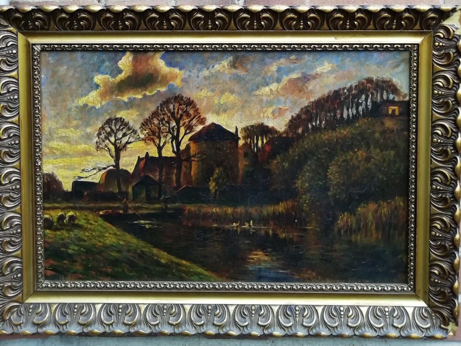 Oud olieverfschilderij: Landschap met boerderij en water, Doek, Origineel werk, Ophalen of Verzenden, Landschap