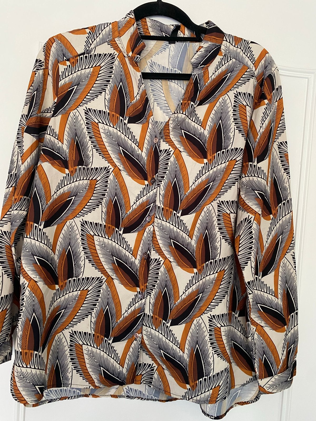 Jensen Blouse met Bladprint - Maat 38/40 (M), Kleding | Dames, Ophalen, Zo goed als nieuw, Maat 38/40 (M), Bruin