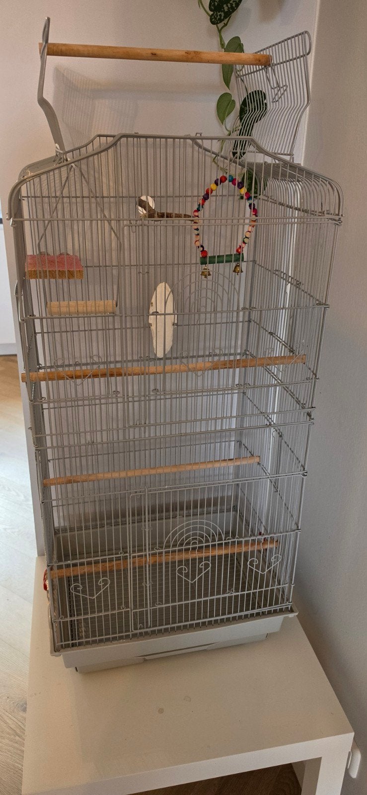 Mooie vogelkooi met open dak / vrijzitje (lichtgrijs) + acc, Ophalen, Gebruikt, Metaal, Vogelkooi