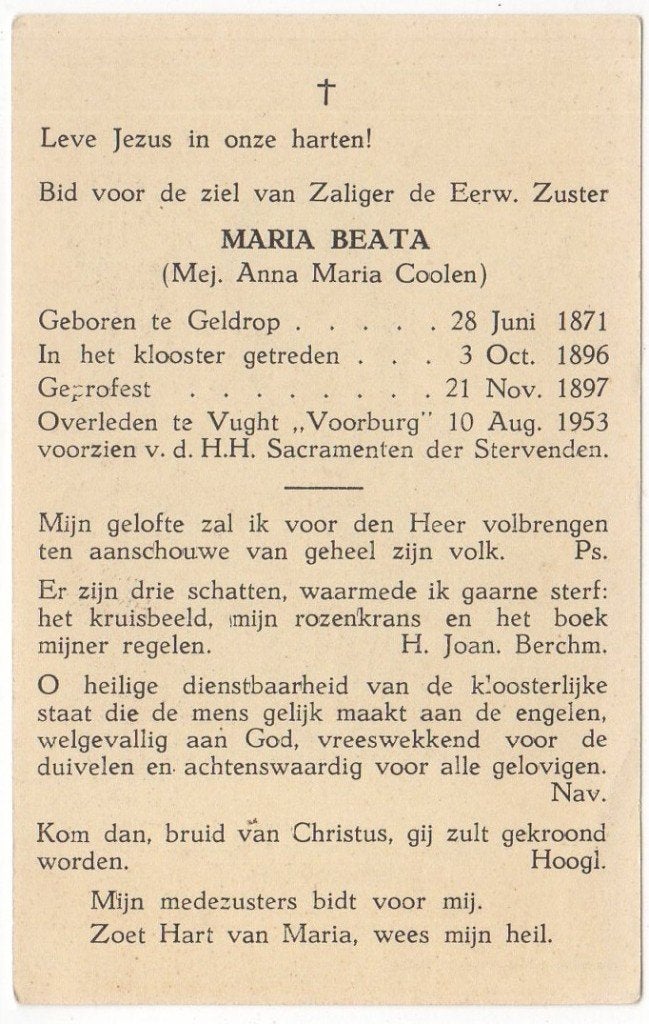 zr. Anna Maria Coolen 1871 Geldrop + 1953 Vught, 82 jaar oud, Ophalen of Verzenden