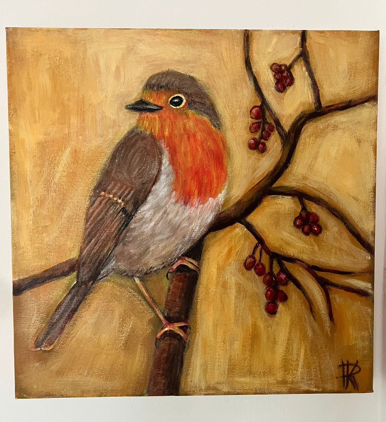 Schilderij roodborstje in de zon, Acrylverf, Ophalen of Verzenden, Dieren, Gesigneerd