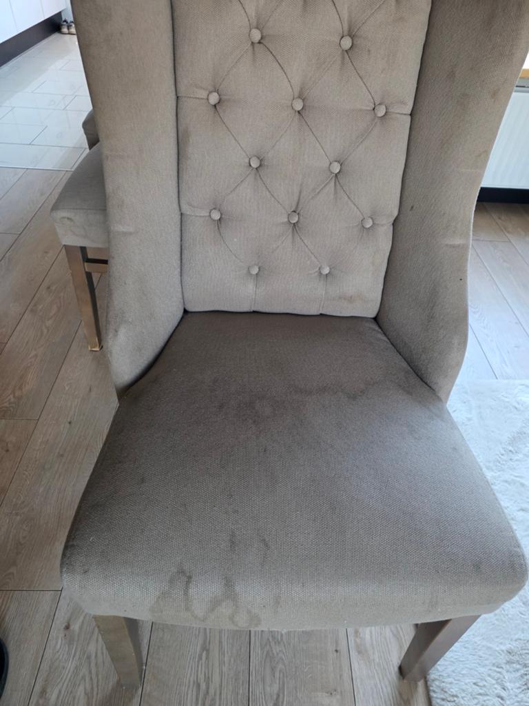 Set van 6 gebruikte eetkamerstoelen, beige stof, Huis en Inrichting, Stoelen, Gebruikt, Overige kleuren, Ophalen of Verzenden