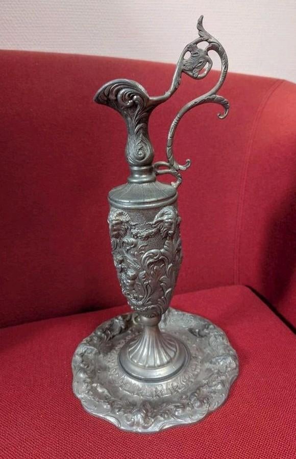 Vintage Italiaanse Bacchuskan & Onderbord - Peltrato 90%, Antiek en Kunst, Antiek | Tin, Ophalen of Verzenden