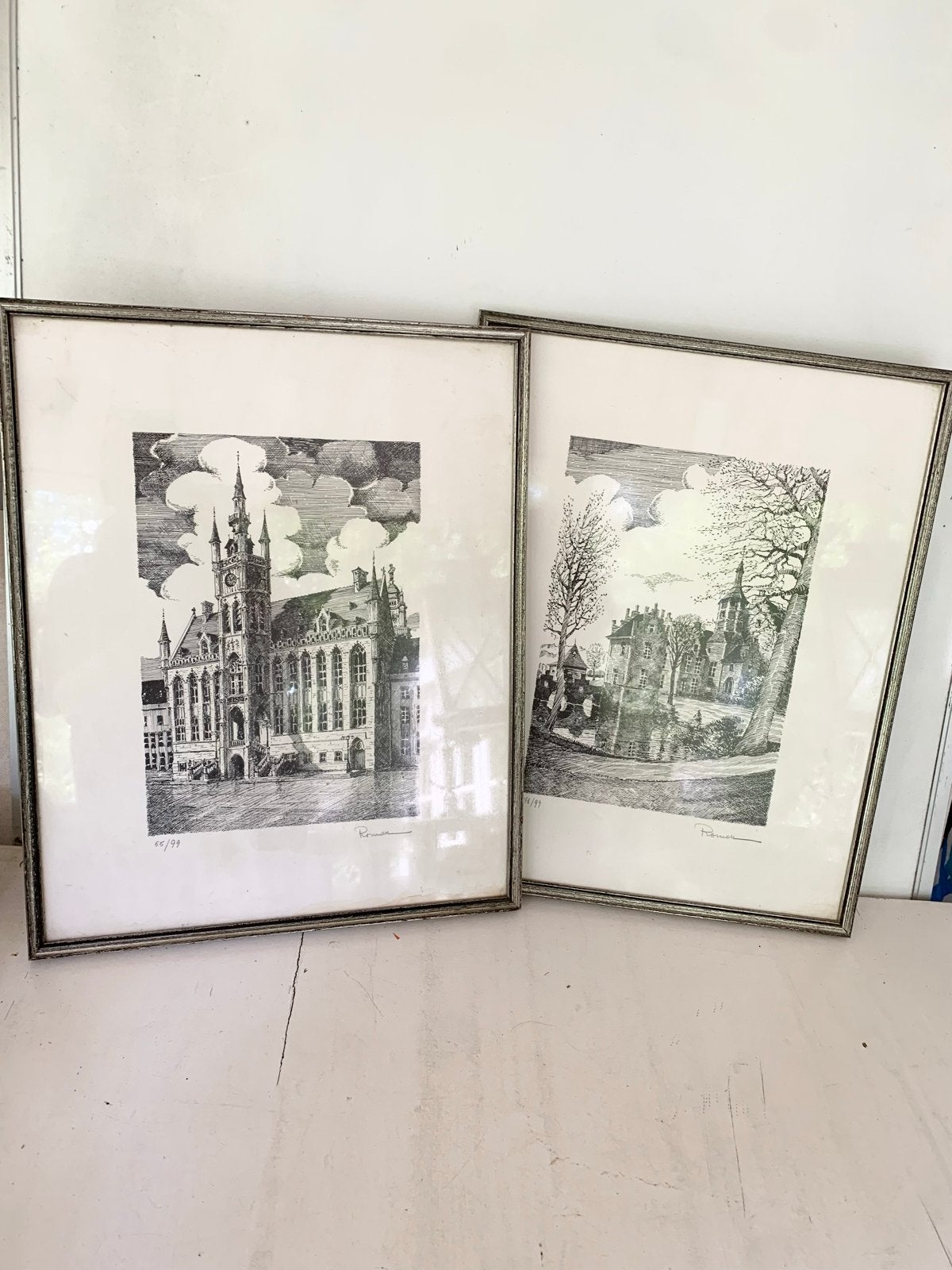 Kasteel Walburg +Stadhuis Middelburg etsen Romaine Malpliet, Antiek en Kunst, Kunst | Etsen en Gravures, Architectuur, Ophalen of Verzenden