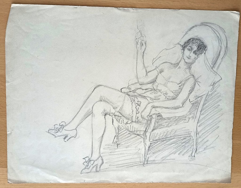 A493-35 Oude tekening Vrouw in lingerie, rokend in stoel, Antiek en Kunst, Ophalen of Verzenden