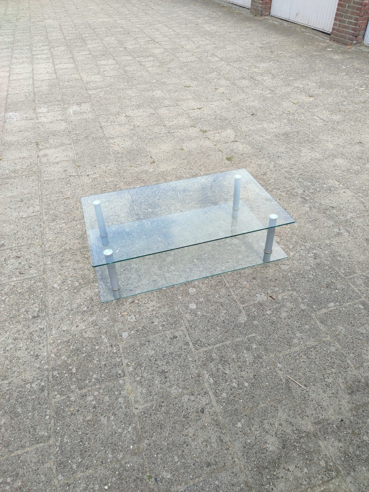 Glazen salontafel met twee niveaus, Ophalen, Gebruikt, 100 tot 150 cm, 50 tot 100 cm