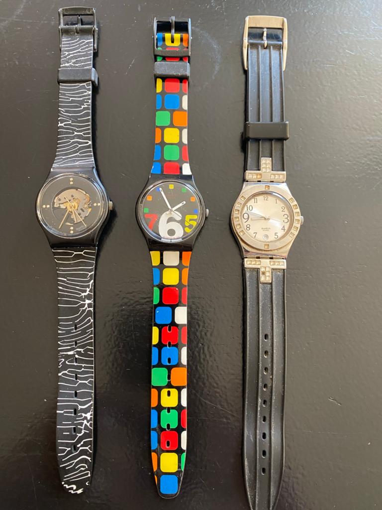 3 Swatch horloges: Marmorata, Rubik's Kubus & Irony, Kunststof, Gebruikt, Polshorloge, Swatch