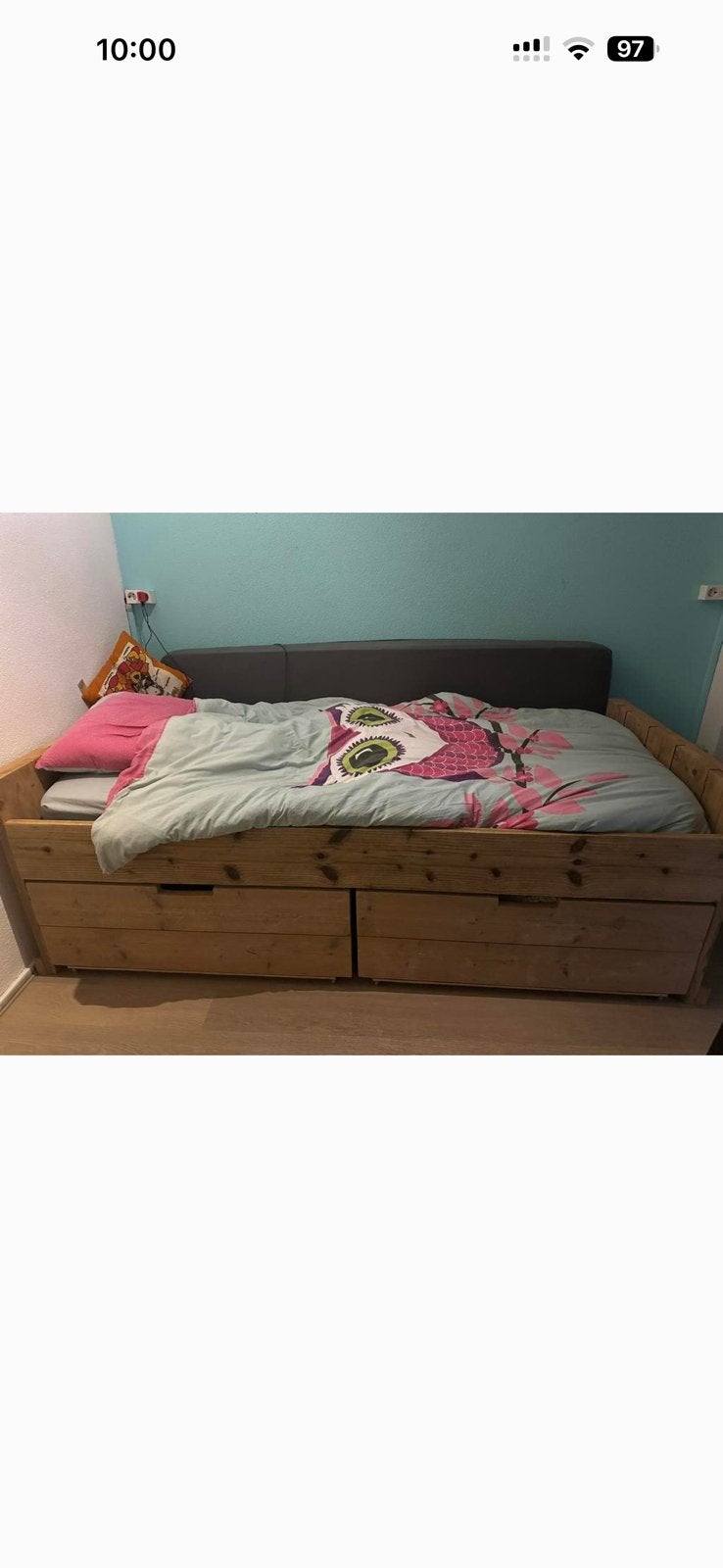 Handgemaakte steigerhouten bed met 2 grote lades., Ophalen, Eenpersoons, Steigerhout, 190 cm of minder