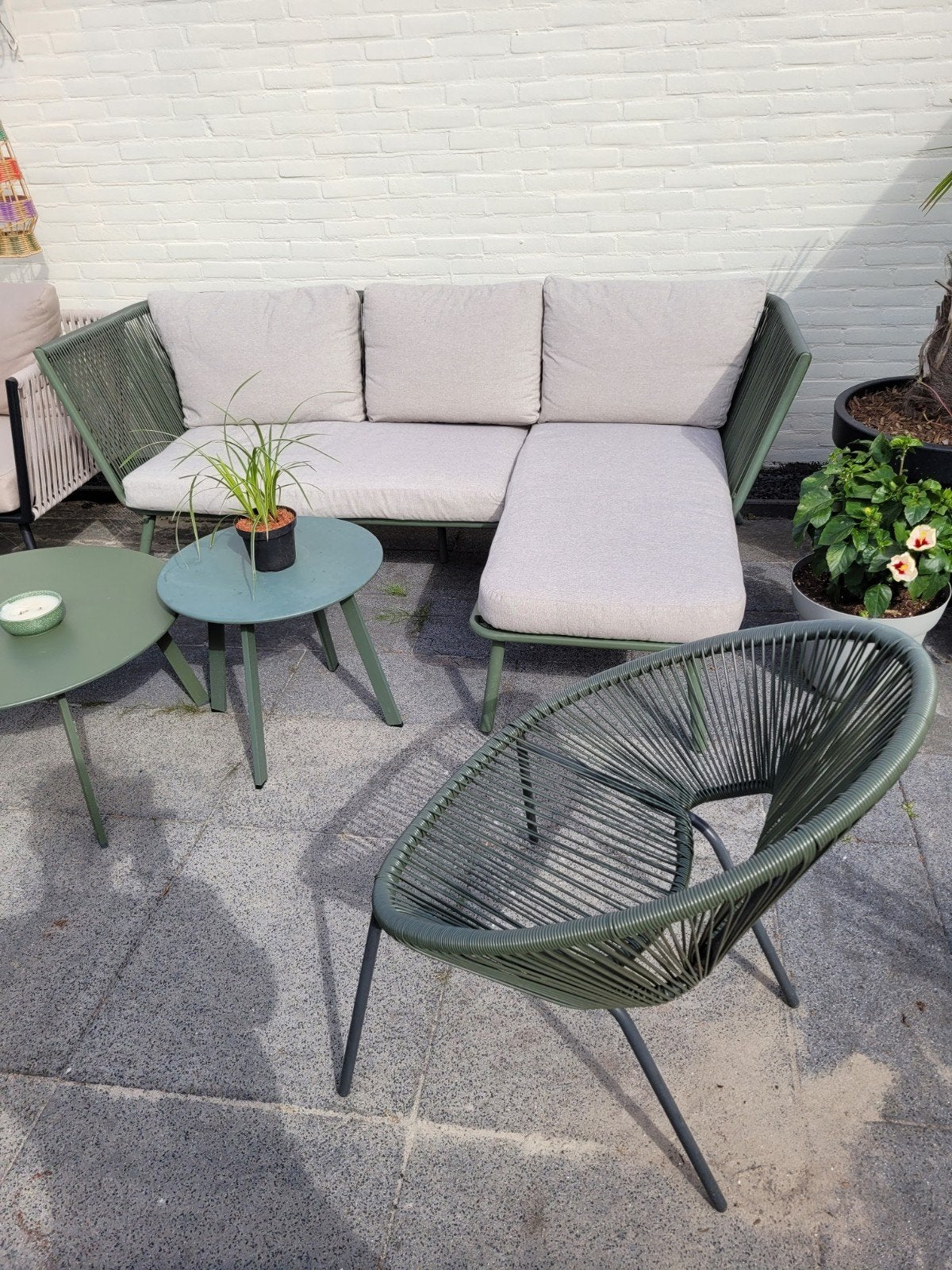 Leuke groene Intratuin loungeset met 2 tafels + fauteuil, Ophalen, 4 zitplaatsen, Gebruikt, Aluminium
