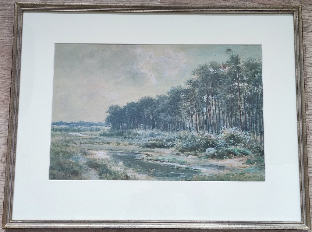 Johan Hendrik Doeleman (1848-1913) -  Ven bij bosrand, Ophalen of Verzenden, Schilderij, Aquarel, Handgemaakt