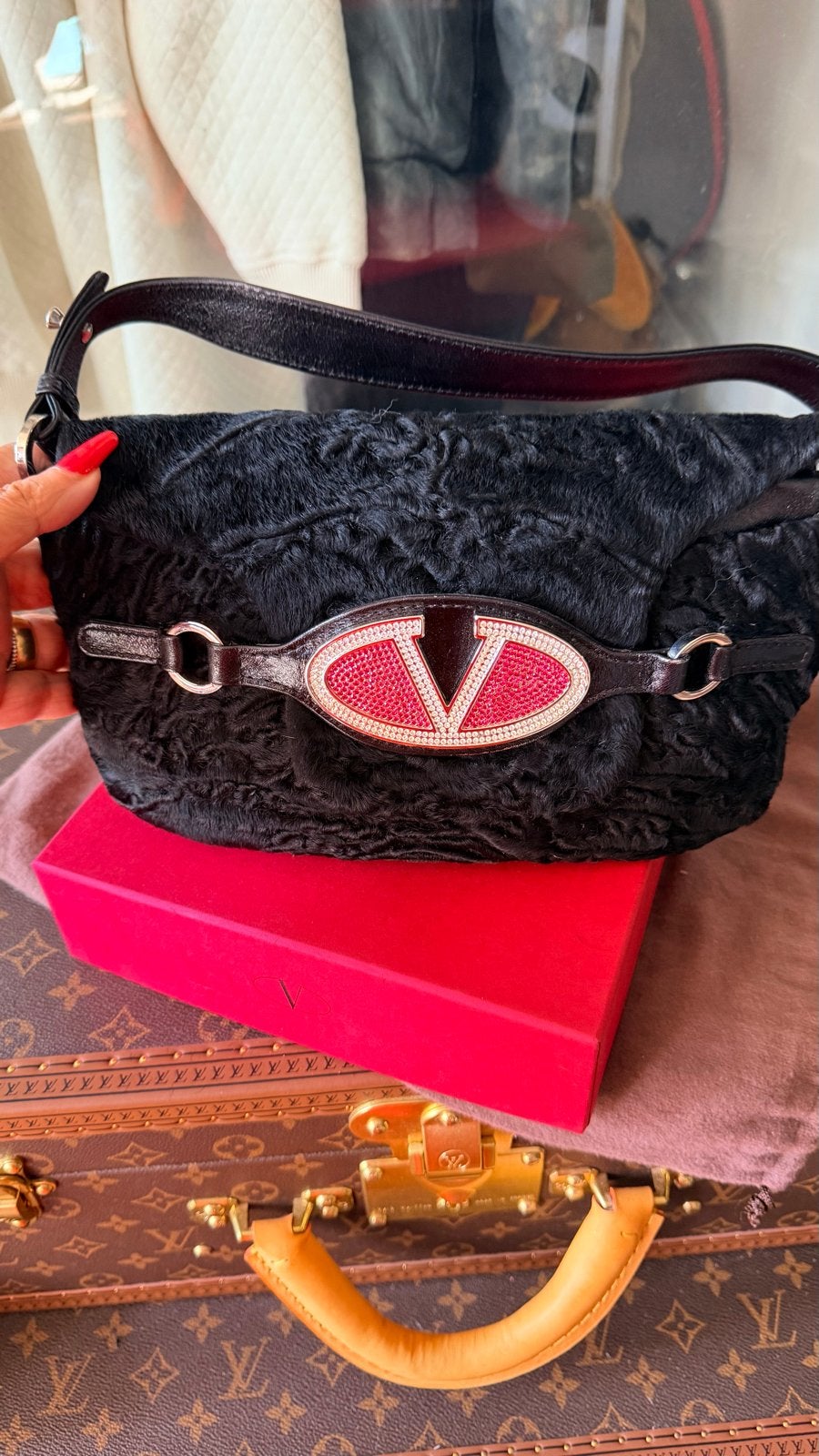 Vintage Valentino Garavani Avondtas Bont met Kristallen, Ophalen of Verzenden, Nieuw, Zwart, Avondtasje