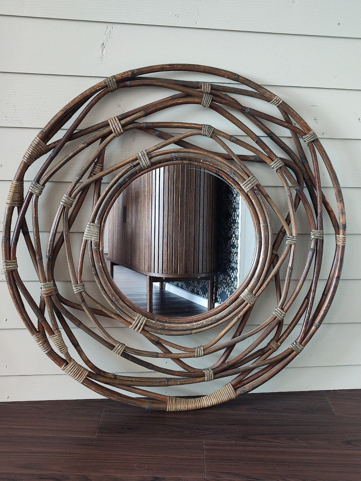 Spiegel bamboe rond bamboo mirror boho Ibiza stijl, Huis en Inrichting, Ophalen, Gebruikt, Rond, 75 tot 100 cm