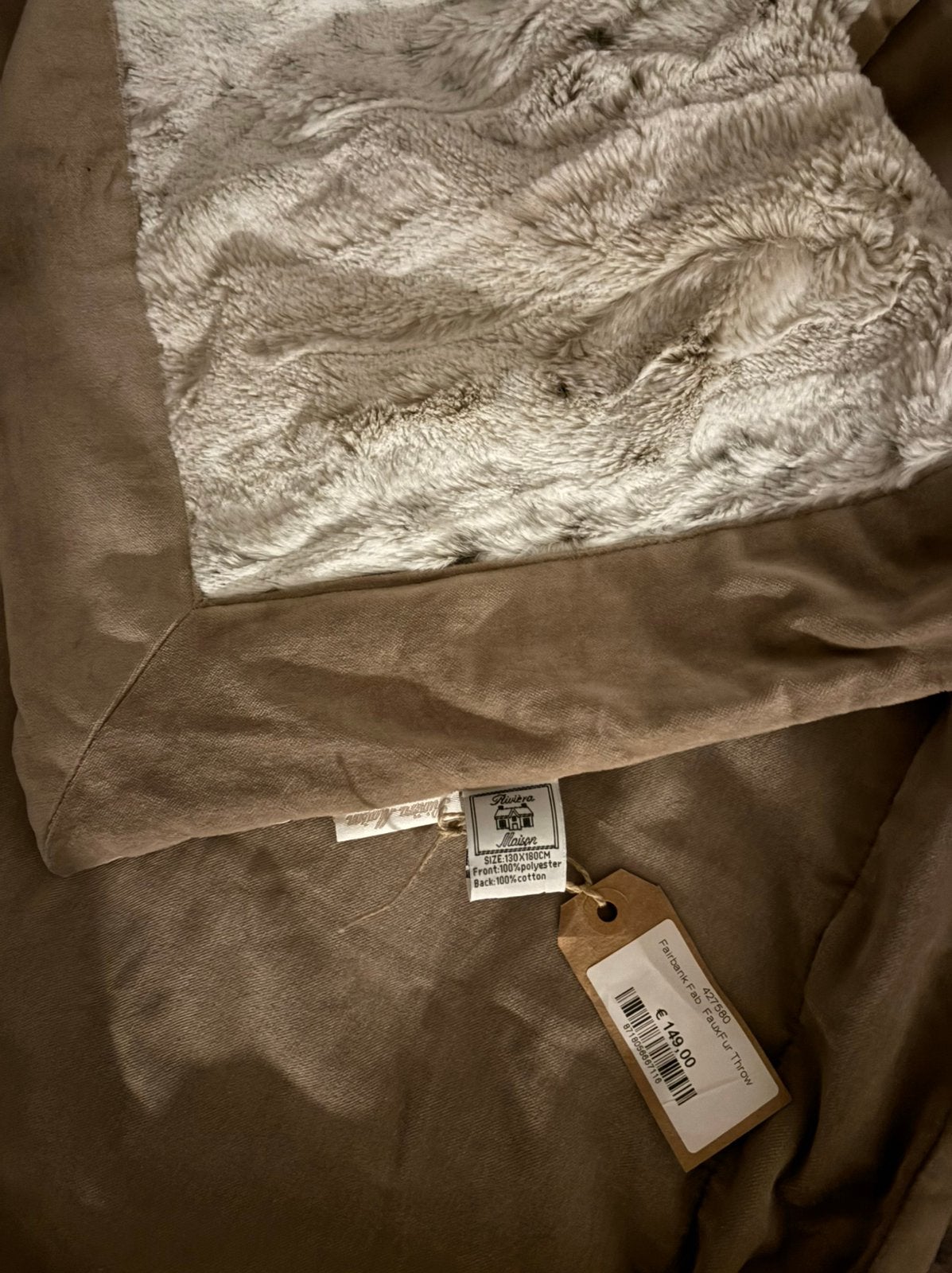 Riviera Maison, Luxe Faux Fur Plaid - Taupe/Crème/Bruin, Overige kleuren, 130 cm, Ophalen of Verzenden, Imitatiebont