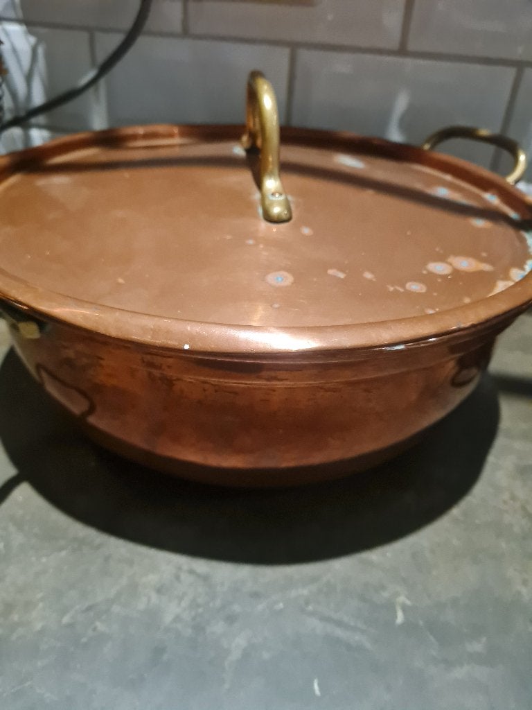 Antieke koperen pan met deksel, Gebruikt, Overige typen, Belle Vieille Brocante, Ophalen of Verzenden