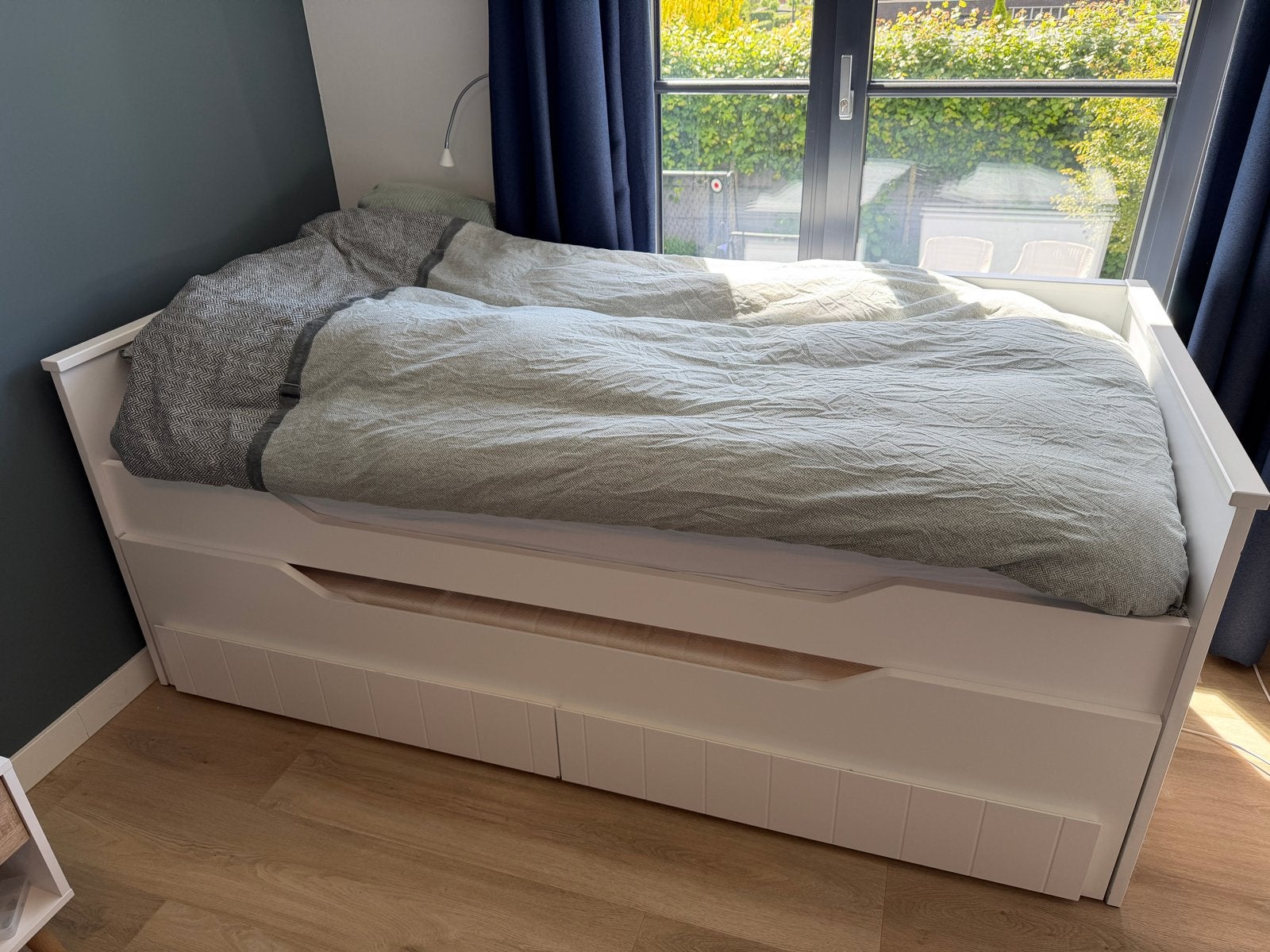 Houten bed (bedbank) met uitschuifbaar bed incl. Emma matras, Ophalen, Gebruikt, 90 cm, Eenpersoons