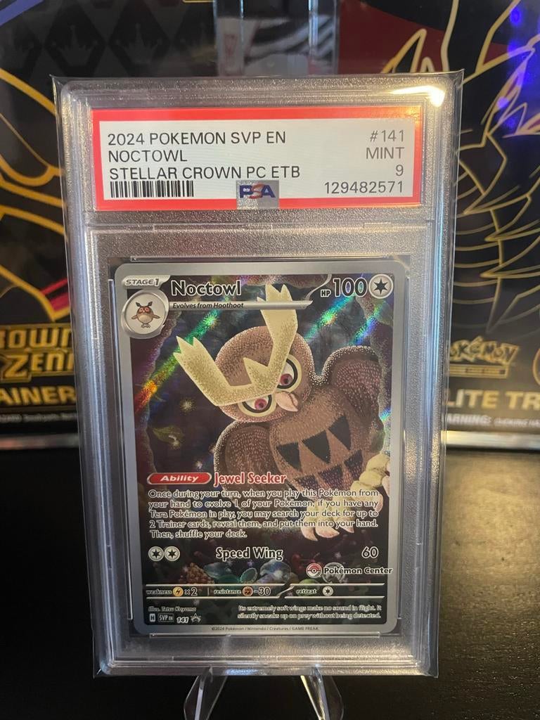 Noctowl Pokemon Center (SVP 141) PSA 9, Ophalen of Verzenden, Zo goed als nieuw, Losse kaart