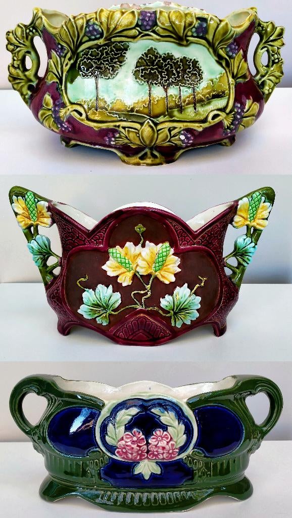 3x Antieke Majolica Jardinière Bloempot - Zie Omschrijving, Ophalen of Verzenden