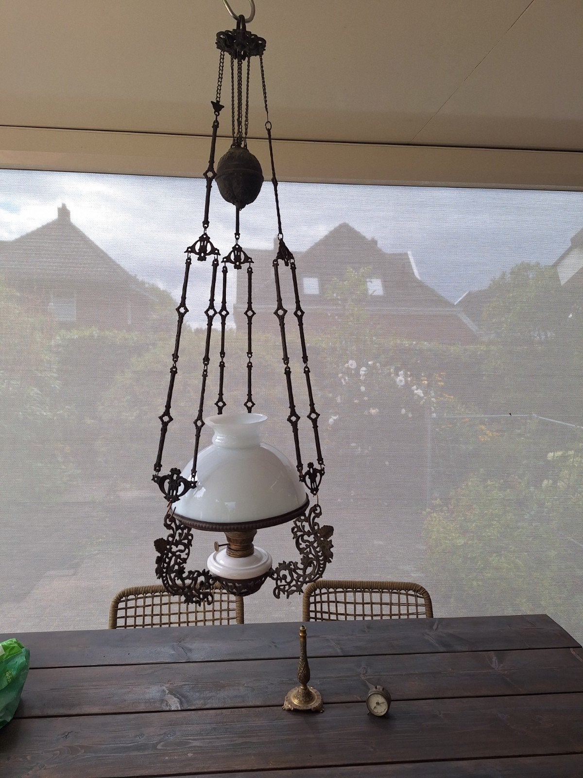 Antieke olielamp - Hanglamp met sierlijke details, Ophalen of Verzenden
