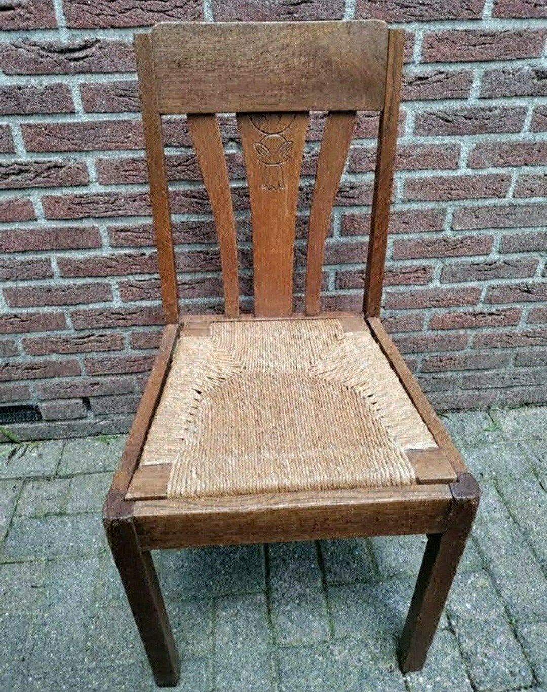 STOEL,Rotan,Riet,klassiek,bruin,gemat,boerderij,1950,hout, Huis en Inrichting, Ophalen, Gebruikt, Bruin, Mid Century 1970