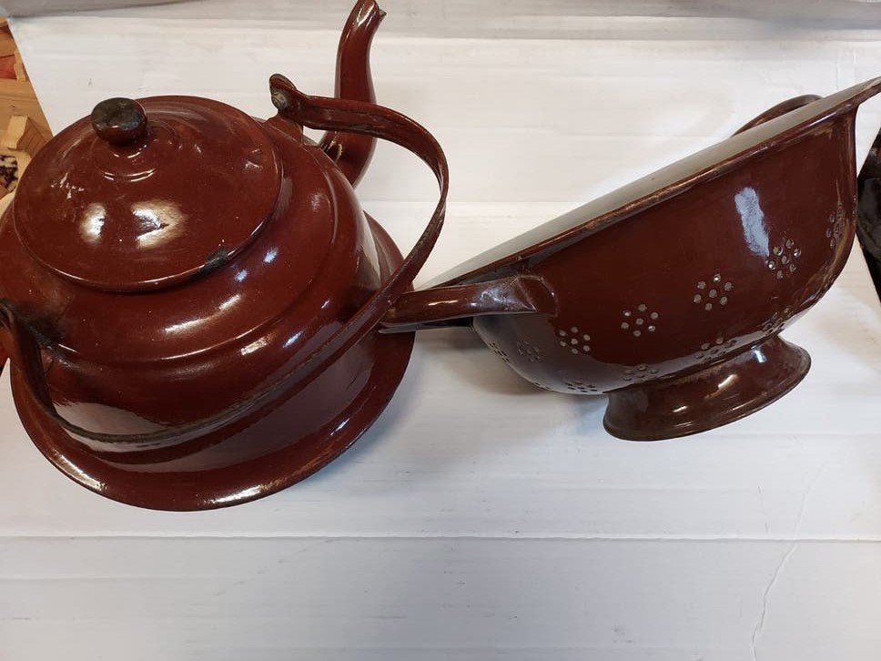 Vintage geëmailleerde zakketel en vergiet - Bruin, Ophalen of Verzenden