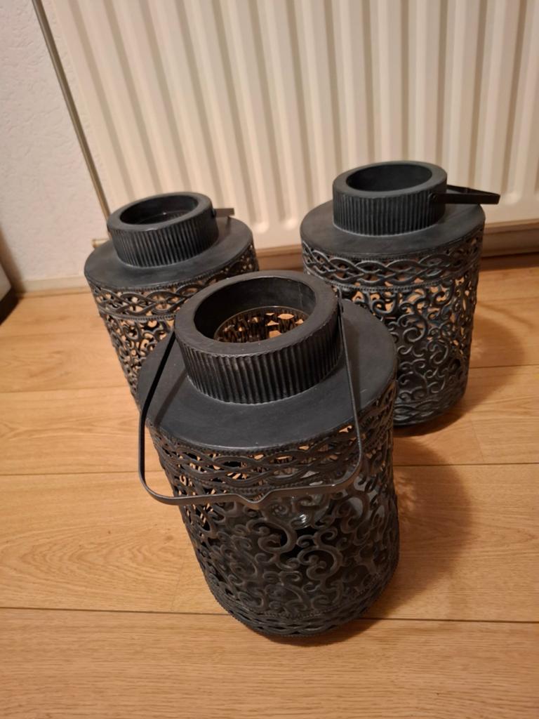 Set van 3 zwarte metalen lantaarns -, Ophalen, 25 tot 50 cm, Zwart, Metaal