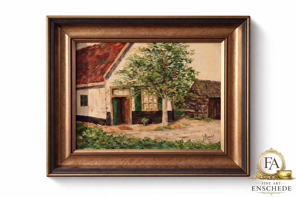 Schilderij van J. Kruit - Landelijk huisje met boom, Antiek en Kunst, Ophalen of Verzenden