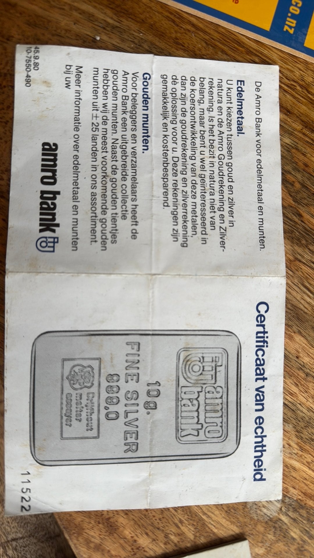 Amro bank 10 gramm silver met certificaat, Ophalen of Verzenden, Zilver