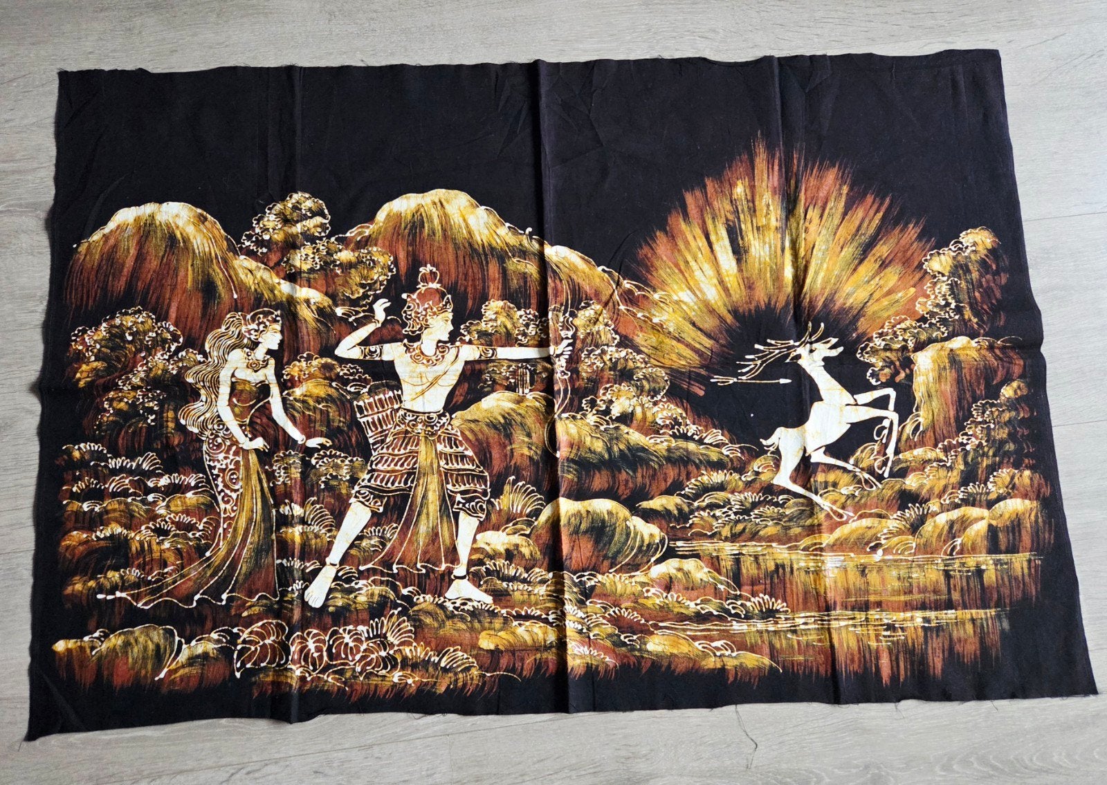 Vintage Batik Wandkleed - Indonesische Scène, Antiek en Kunst, Wanddecoratie, Textiel, Handgemaakt, Ophalen of Verzenden