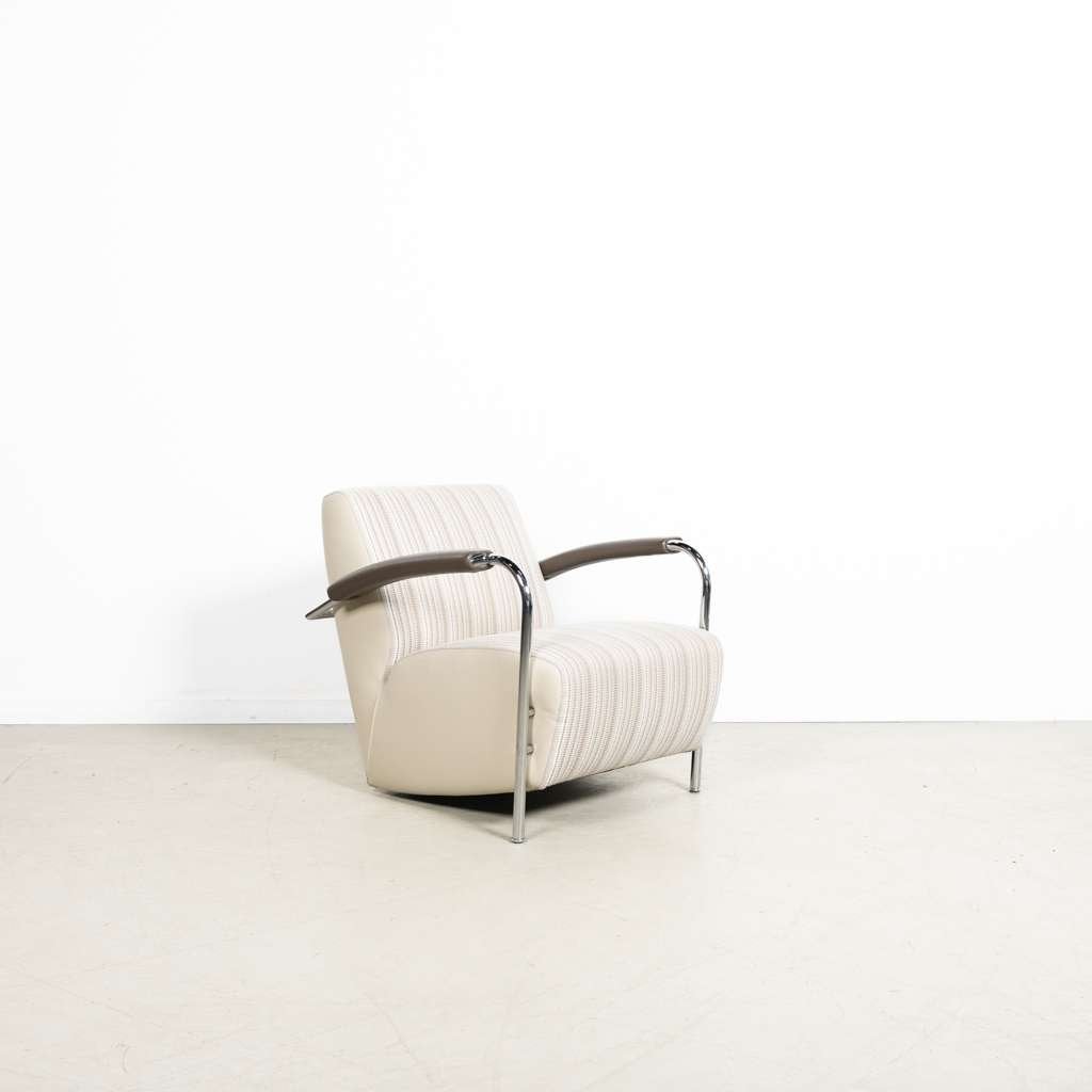 1x Leolux Scylla Laag Fauteuil Crème Gestreept Stof/Leer