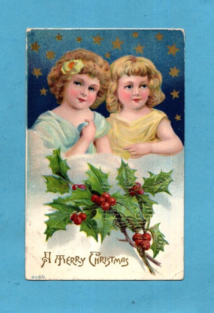 Mooie oude kerstkaart/reliéf M896 - twee leuke meisjes  1911, Verzamelen, Ansichtkaarten | Themakaarten, Verzenden, Voor 1920