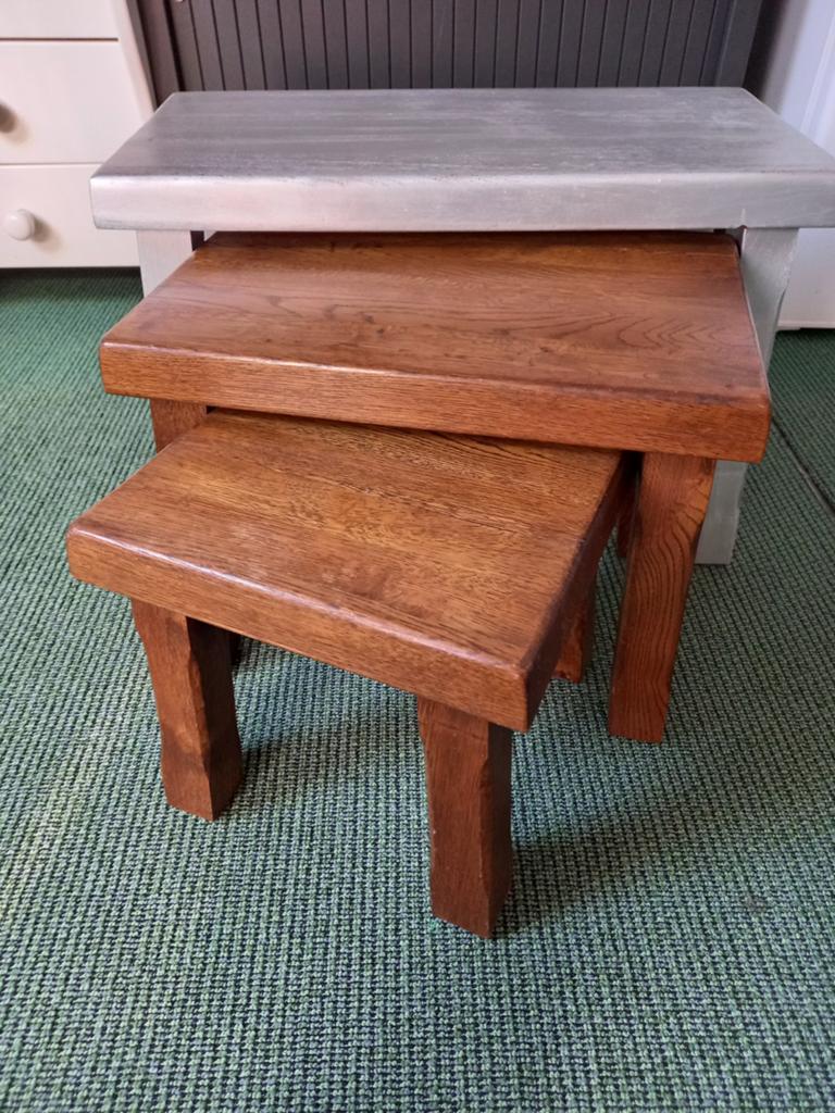 Vintage Eiken Mini set (3 bijzettafeltjes) jaren 80, Huis en Inrichting, Tafels | Bijzettafels, Ophalen, Gebruikt, Rechthoekig