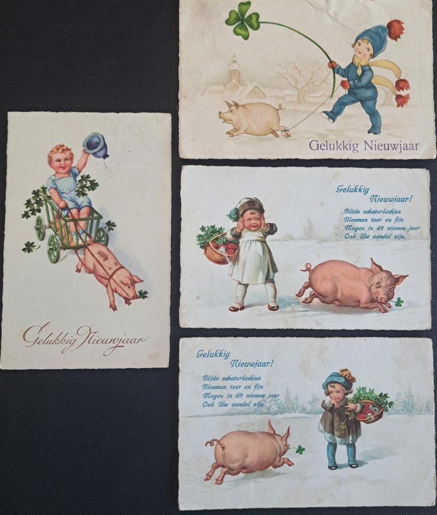 Nieuwjaarskaarten met Varken, klavertjevier 1929-1934, Verzamelen, Ophalen of Verzenden, Voor 1920, Gelopen, Overige thema's